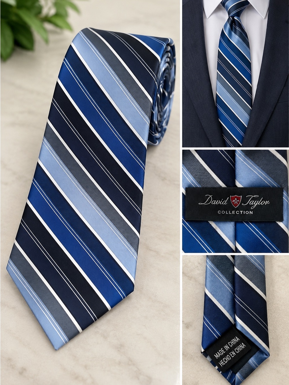 David Taylor Navy and Light Blue Striped Men’s Tie